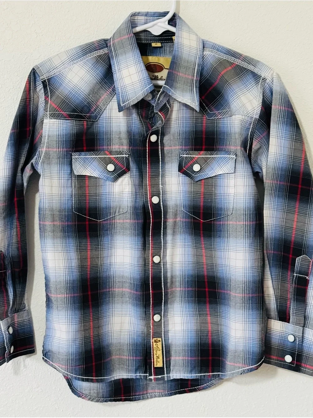 Little Boy’s Larry Mahan Blue, Black & White Plaid Western Snap Shirt Size Small